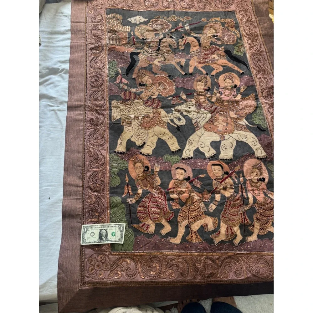 Vintage Burmese Kalaga Tapestry Large Gold Embroidered Elephant Wall Hanging Art